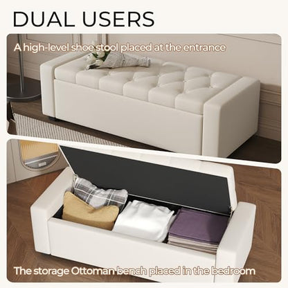 Ottoman with Storage Bench,Large Storage Ottoman Entryway Benches Ottoman Bench with Cushion and Safety Hinge - color: Beige