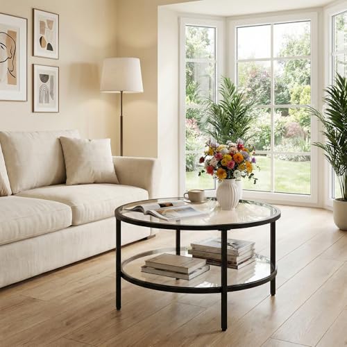 DIYART 29.5" Round Glass Coffee Table, 2-Tier Modern Black Glass & Metal End Table for Living Room, Mid Century Accent Table with Lower Shelf, 29.5" D x 16.5" H