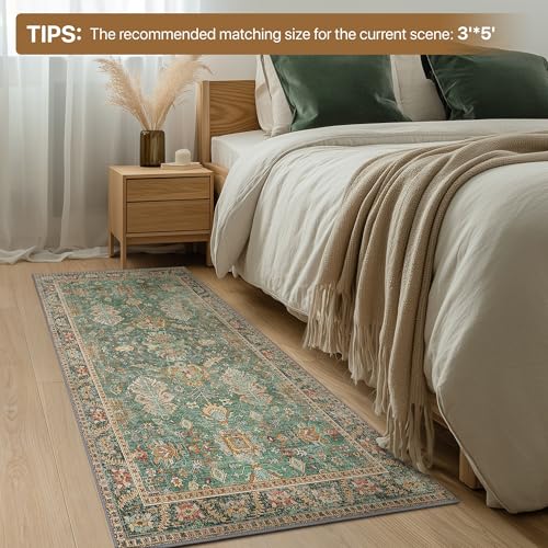 2x5 Hallway Runner Rugs Non Slip Washable Runner for Entryway Bathroom Kitchen Bedroom, Boho Green Runner, Thin Low Pile Chenille Carpet with Rubber Backing, Dark Sage/Gold - color: Sage/Gold, size: 2' x 5' (Rectangular)