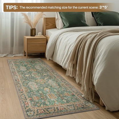 2x5 Hallway Runner Rugs Non Slip Washable Runner for Entryway Bathroom Kitchen Bedroom, Boho Green Runner, Thin Low Pile Chenille Carpet with Rubber Backing, Dark Sage/Gold - color: Sage/Gold, size: 2' x 5' (Rectangular)