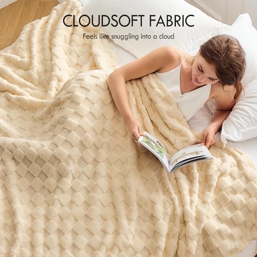 Kaisa Soft Fleece Blanket Throw, Premium 3D Checkered Blanket for Couch Sofa Bed Home Decor, Breathable Fleece Cozy Warm Luxury Lightweight Plush Blankets for All Season Use, 60"x80", Light Brown