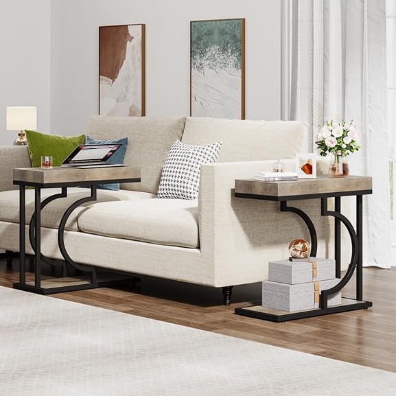 Tribesigns Narrow Side Table C Shaped End Table Modern Bedside Tables for Couch, Small Sofa Chairside Tables with Metal Frame for Living Room (2, Gray+Black) - color: Gray+black