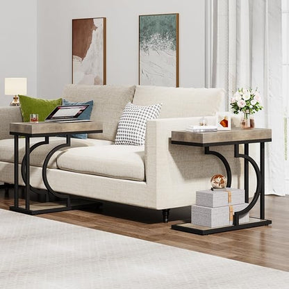 Tribesigns Narrow Side Table C Shaped End Table Modern Bedside Tables for Couch, Small Sofa Chairside Tables with Metal Frame for Living Room (2, Gray+Black) - color: Gray+black