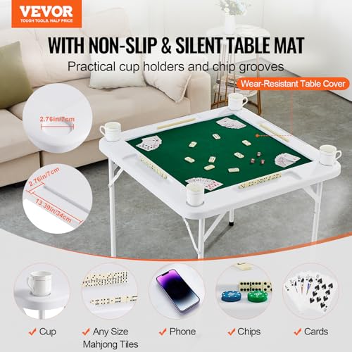 VEVOR Mahjong Table, 4 Player Folding Domino Table with Wear-Resistant Green Tabletop, Portable Square Card Table with 4 Cup Holders & 4 Chip Trays for Mahjong Poker Puzzles, 35.4 x 35.4-inch - color: Green