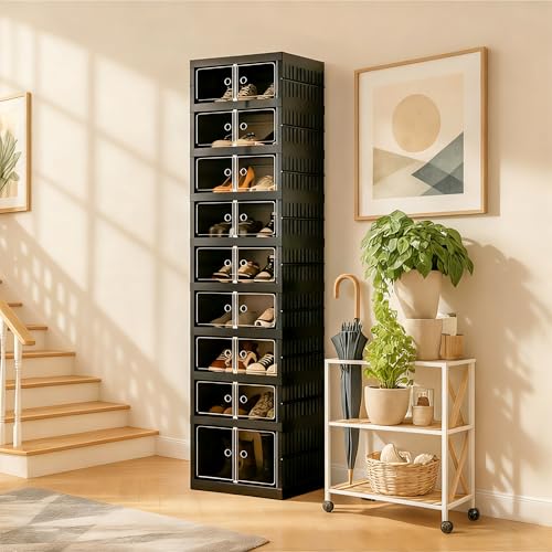 Foldable Shoe Organizer Storage Box, Portable Extra Large Folding Shoe Rack for Closet, Shoe Storage Box with Magnetic Transparent Door and Wheels, 9 Layers 18 Grids with 2 Big Grids - size: Black 9 Layers-B