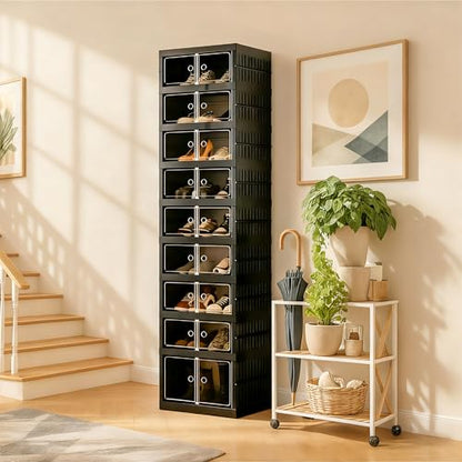 Foldable Shoe Organizer Storage Box, Portable Extra Large Folding Shoe Rack for Closet, Shoe Storage Box with Magnetic Transparent Door and Wheels, 9 Layers 18 Grids with 2 Big Grids - size: Black 9 Layers-B