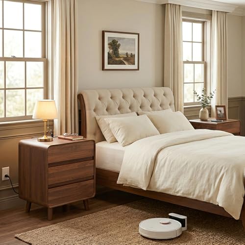 Nasonet 27.7'' Tall Night Stands Set of 2 with Charging Station, Mid-Century Modern Large Bedside Table with Outlets, Wide Wood End Table for Bedroom, Walnut - color: Walnut, size: 3 Drawers