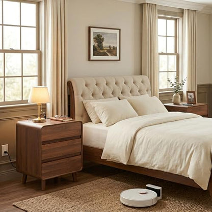 Nasonet 27.7'' Tall Night Stands Set of 2 with Charging Station, Mid-Century Modern Large Bedside Table with Outlets, Wide Wood End Table for Bedroom, Walnut - color: Walnut, size: 3 Drawers