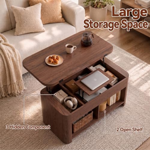 37.5" Lift Top Coffee Table with Storage, Farmhouse Coffee Table with Hidden Compartment & Open Shelf, Lifting Tabletop, for Living Room, Home Office - color: Brown
