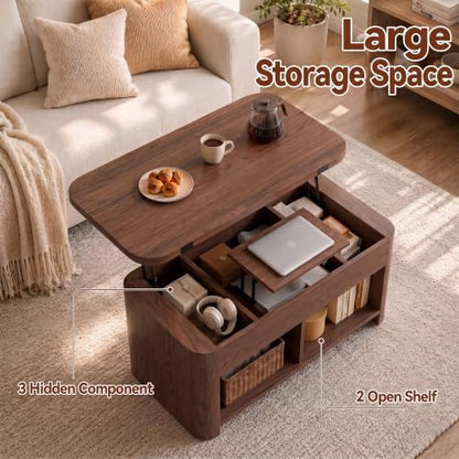 37.5" Lift Top Coffee Table with Storage, Farmhouse Coffee Table with Hidden Compartment & Open Shelf, Lifting Tabletop, for Living Room, Home Office - color: Brown