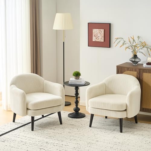 VINGLI 30.3" Wide Modern Barrel Accent Armchairs Set of 2 with Track Armrest, Solid Wooden Legs, Comfy Upholstered Club Chairs, Single Home Sofa for Living Room, Bedroom, Reading Room, Corduroy Beige - color: Beige