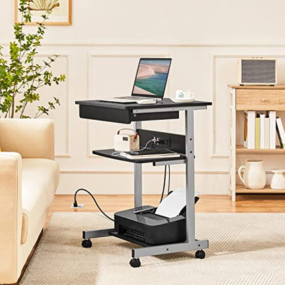 Yaheetech Small Rolling Computer Desk with Power Outlet, Laptop Cart, Black | A Small Rolling Desk with a Power Outlet, 2 USB Ports, a Drawer, and a Shelf Fits a Laptop and Printer into Tight Spaces.