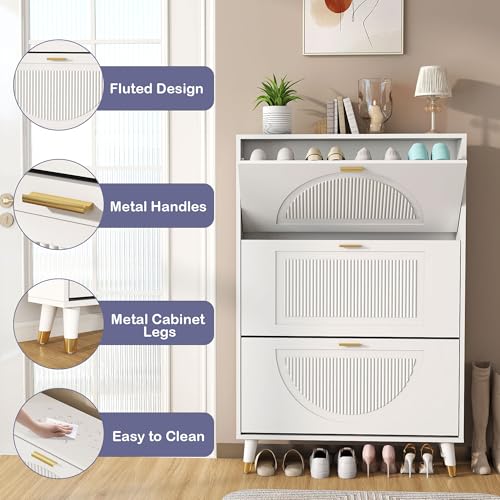 Shoe Cabinet Storage for Entryway: 32" White Slim Shoe Storage Cabinet with 3 Flip Drawers, Narrow Hidden Shoes Storage, Wood Shoes Organizer Cabinets for Hallway (1, 3-Drawers) - size: 3-Drawers