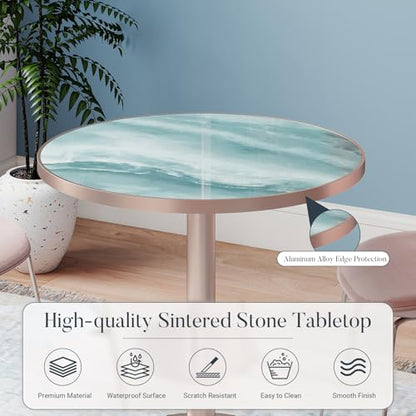 31.5'' Tulip Table, Round Dining Table with Glossy Sintered Stone Tabletop | Rose Gold Aluminum Alloy Edge & Pedestal, Small Bistro Table for Dining Room/Café/Small Spaces/Restaurant (Aqua Jade) - color: Aqua Jade (Rose Gold), size: Round