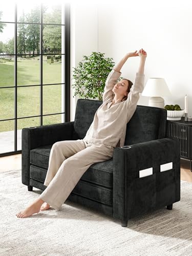 51" Loveseat Convertible Sofa Bed with Cup Holder, Small Couch 2 in 1 Pull Out Sleeper Couch, Floor Folding Couch Sofa with Two Pillows for Living Room, Apartment, Dorm (Black) - color: Black