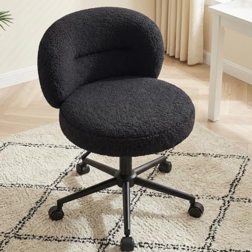 Homkdom Round Vanity Chair with Silent Wheels, 17.32" Wide Seat | Height Adjustable, 360 Swivel & Smooth Rolling, Armless Design for Makeup and Study - Black - color: Black