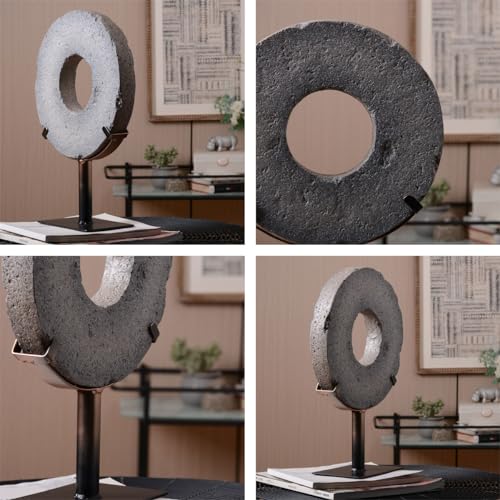 HAUCOZE Modern Home Decor Abstract Sculpture Table Centerpiece Art 13.8inch | Rustic Resin Statue with Metal Stand Ring Disc Ornament Screen Figurine Fashion Gift for Living Room Bedroom Office - size: 9.8x13.8inch