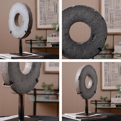 HAUCOZE Modern Home Decor Abstract Sculpture Table Centerpiece Art 13.8inch | Rustic Resin Statue with Metal Stand Ring Disc Ornament Screen Figurine Fashion Gift for Living Room Bedroom Office - size: 9.8x13.8inch