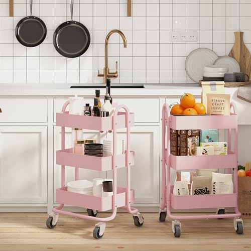 Metal Rolling Cart,3-Tier Pink Rolling Cart with Wheels,Metal Utility Cart with Wheels for Office,Home,Kitchen,Garden（13.4"x18.1"x31"） Pink - color: Pink, size: 31"H