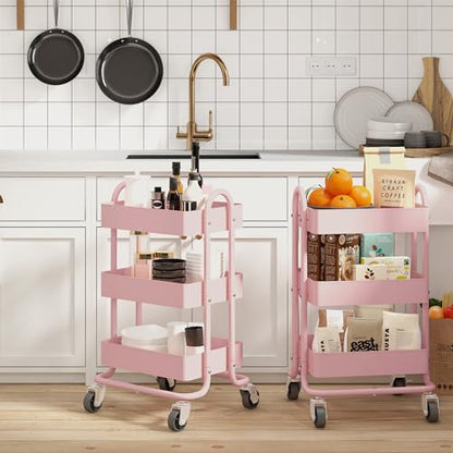 Metal Rolling Cart,3-Tier Pink Rolling Cart with Wheels,Metal Utility Cart with Wheels for Office,Home,Kitchen,Garden（13.4"x18.1"x31"） Pink - color: Pink, size: 31"H