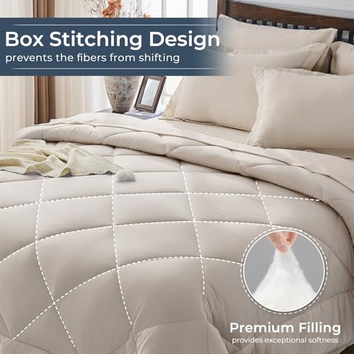 7-Piece Full Comforter Set, Beige | Reversible, All-Season, Soft, 7 Piece Set, All-Season Reversible Bed in a Bag, Flat Sheet, Fitted Sheet, Pillowcases - color: Beige, size: Full