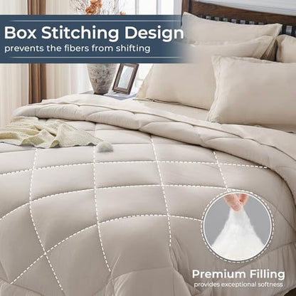 7-Piece Full Comforter Set, Beige | Reversible, All-Season, Soft, 7 Piece Set, All-Season Reversible Bed in a Bag, Flat Sheet, Fitted Sheet, Pillowcases - color: Beige, size: Full