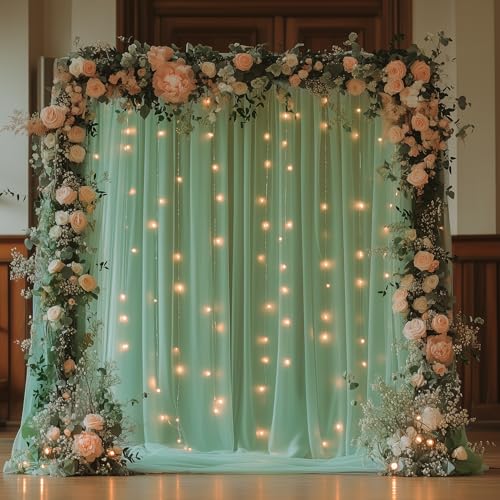 Tulle Backdrop Curtain with Lights Green Sheer Curtains Backdrop 10x10ft | Tulle Curtains Sheer Backdrop Curtains for Parties Wedding Birthday Baby Shower Photo Shoot Decorations(2 Panels 5x10ft) - color: Green, size: 10FT X 10FT(2 Panels 5ft X 10ft)