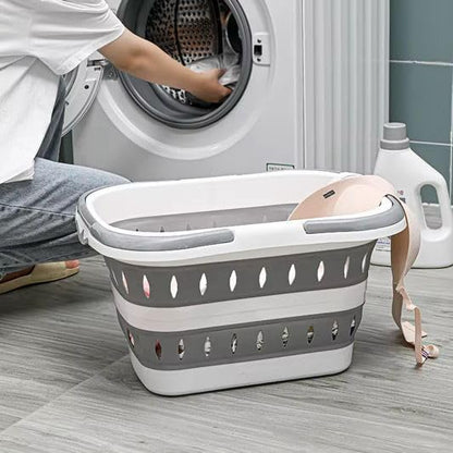 AMSHI Collapsible Laundry Basket 42L – Foldable Pop-Up Hamper with Handles, Space-Saving Design for Bedroom, Bathroom, Dorm Room & Small Apartments, Grey/White