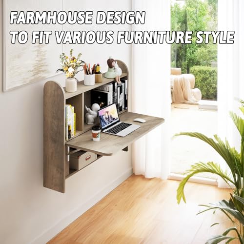 Wall Mounted Drop-Leaf Table, Floating Laptop Desk, Folding Table with Shelves, Multifunctional Computer Workstation with Storage Compartments in Home Office for Space Saving (Rustic Oak) - color: Rustic Oak
