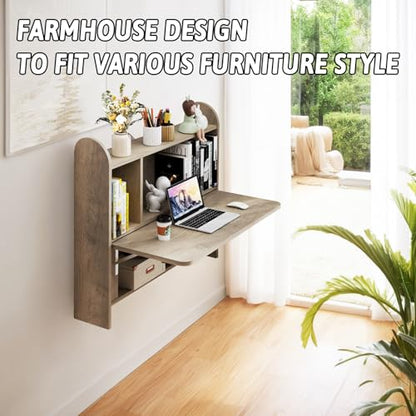 Wall Mounted Drop-Leaf Table, Floating Laptop Desk, Folding Table with Shelves, Multifunctional Computer Workstation with Storage Compartments in Home Office for Space Saving (Rustic Oak) - color: Rustic Oak
