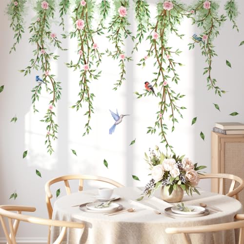 Runtoo Hanging Vines with Flowers Wall Decals Green Plant Leaves Bird Wall Stickers for Bedroom Living Room Wall Art Decor - color: Hanging Vines Birds