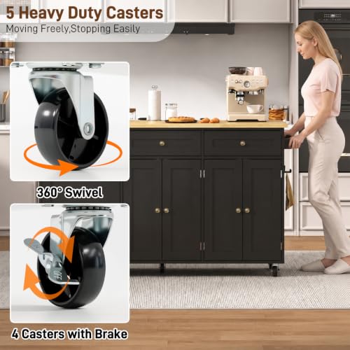 67" Large Movable Kitchen Island w/Sliding Drop Leaf,Power Outlet, Kitchen Rolling Island Cart w/ 2 Drawers, Island Table on Wheels w/Trash Storage Cabinet,Spice Rack, Towel Bar,Garage Hook, Black - color: Black, size: 17.7"D x 66.9"W x 35.8"H