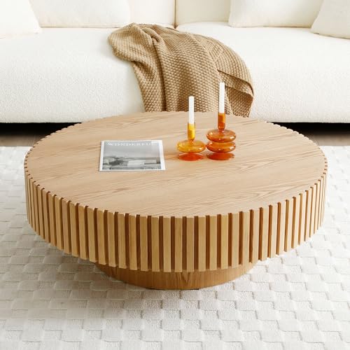 39.37" Round Coffee Table Wood, Modern Unique Oak Circle Coffee Table, Contemporary Drum Wooden Fluted Coffee Table Side Center Table for Living Room,Apartment,Office, Natural Ash - color: Natural Ash, size: 39.37 inch