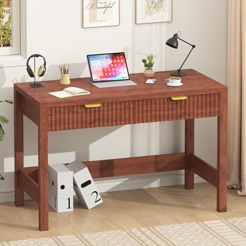 39 Inch Small Fluted Computer Desk with 2 Drawers for Bedroom, Home Office | Small Computer Desk with Storage, Compact Writing Study Desk for Small Spaces - color: Red Walnut, size: 39-Inch Desk