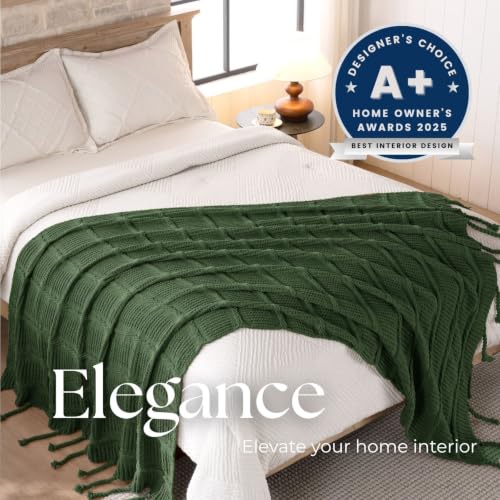 Boho Knitted Chenille Blanket with Tassels - Lightweight & Soft All-Season Throw - 3D Classic Pattern for Living Room Bedroom Couch, Imperial Green, Twin 60"x80" - color: Imperial Green, size: Twin