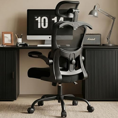 Office Chair-Ergonomic Desk Chair with Hidden Hanger & Flip-Up Arms, High Back Mesh Computer Chair with 2D Headrest & Adjustable Lumbar, Comfy Rolling Task Chair for Home Work Gaming, Black - color: Black