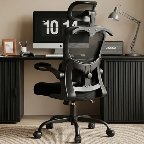 Office Chair-Ergonomic Desk Chair with Hidden Hanger & Flip-Up Arms, High Back Mesh Computer Chair with 2D Headrest & Adjustable Lumbar, Comfy Rolling Task Chair for Home Work Gaming, Black - color: Black