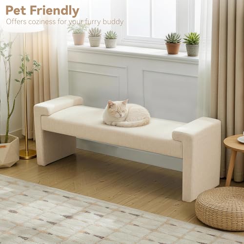 Upholstered Entryway Bench, 58.7" Modern Bedroom Bench, Camel | Curved Armrests, Solid Wood Frame, End of Bed, Bedroom, Living Room, Hallway - color: Tan-linen, size: 58.7"
