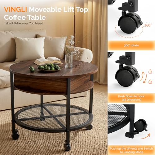 VINGLI 27" Round Lift Top Coffee Table with Wheels & Lights, Walnut | Removable Coffee Table with Hidden Compartment Storage & Metal Shelf, Small Farmhouse Coffee Tables for Living Room, Office - color: Walnut