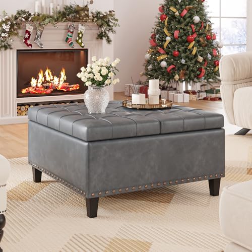 FiveWillowise 31.5 Inch Large Square Ottoman with Storage,Faux Leather | Coffee Table Storage Ottoman Bench with Lift Top Upholstered Footrest Stool Toy Box for Bedroom Living Room,Grey - color: Slate Gray