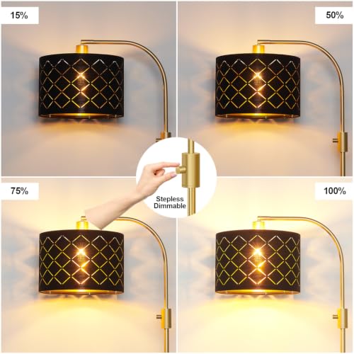 Nintiue Dimmable Floor Lamp, 1200 Lumens LED Edison Bulb Included, Arc Gold Floor Lamps for Living Room Modern Standing Lamp with Black Grid Shade - color: Gold - Black & Gold Shade