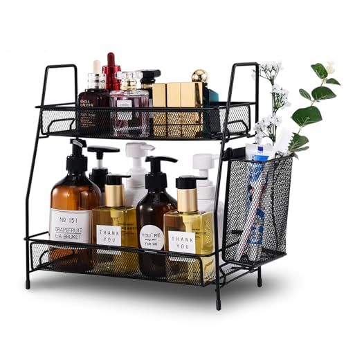 2-Tier Bathroom Countertop Organizer,Skincare, Makeup Countertop Organizers, Kitchen, Bathroom Counter Storage with Small Basket (Black) - color: Black (Size: 7" x 12" x 13", 2-Tier)