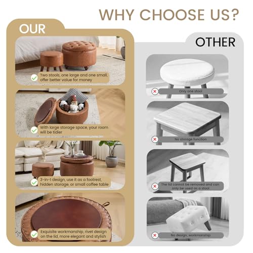 24Inch Round Storage Ottoman, Set of 2, Modern PU Leather Coffee Table with Removable Top, Upholstered Ottoman with Storage Footrest Stool for Living Room, Bedroom (Brown) - color: Brown