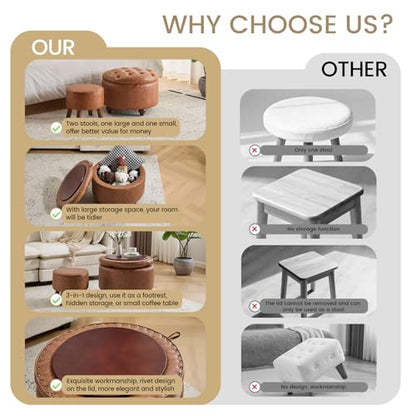 24Inch Round Storage Ottoman, Set of 2, Modern PU Leather Coffee Table with Removable Top, Upholstered Ottoman with Storage Footrest Stool for Living Room, Bedroom (Brown) - color: Brown