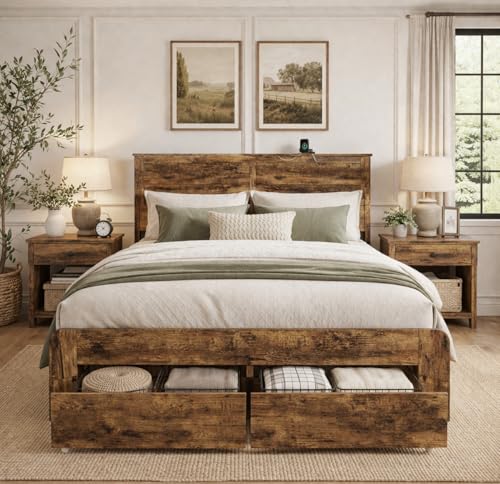 Wooden Queen Size Bed Frame with Storage Drawers, LED Headboard | Rustic Farmhouse Platform Bed with Storage Drawers, Charging Station, LED Lights, Metal Slats, No Box Spring Needed, Brown - color: Rustic Brown, size: Queen