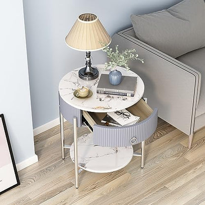 OIOG Nightstand with Drawer and Shelf, Marbling Natural Stone/Silver | Round Modern Side Table, Storage, Shelf, Chrome Finish Metal Legs, 2 Tier End Table, For Living Room, Bedroom, Office - color: Silver
