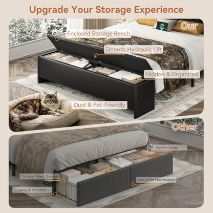 FreeHouse Full Size Bed Frame with Headboard & Storage, All Metal Structure | PU Leather Upholstered Bed Frame Full Size with Charging Station, Diamond Tufted, Gold Accents, No Box Spring Needed, Black - color: Black, size: Full