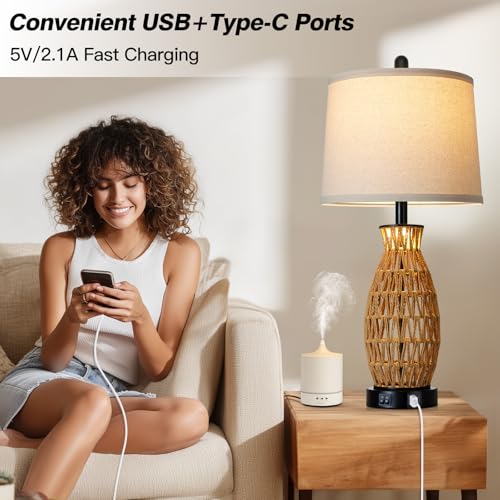 CINSARY 27" Boho Rattan Table Lamp Single with Night Light, Handwoven Wicker Bedside Lamp with USB A+C Charging Port, Woven Coastal Bedroom Lamps for Night stand, Beach Living Room Lamps for End Table - color: Rattan(1 Pack)