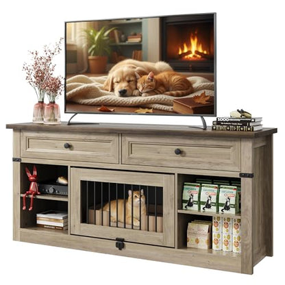 WLIVE Farmhouse TV Stand up to 65 Inch TV with 2 Storage Drawers & Open Shelves, Entertainment Center with Small Dog/Cat House, TV Cabinet for Living Room, Bedroom,Dog Crate Furniture(Grey Oak) - color: Grey Oak