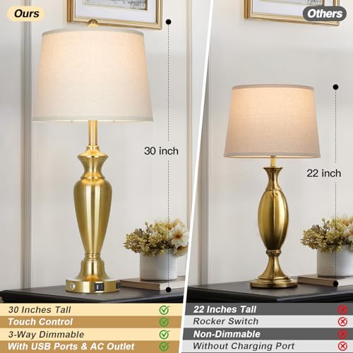 Cinyirong 30" Tall Gold Table Lamp for Living Room, 3-Way Dimmable Touch Control Bedside Lamp for Bedroom Nightstand with USB A+C Ports & AC Outlet (1 Pack) - color: Gold (1 Pack)